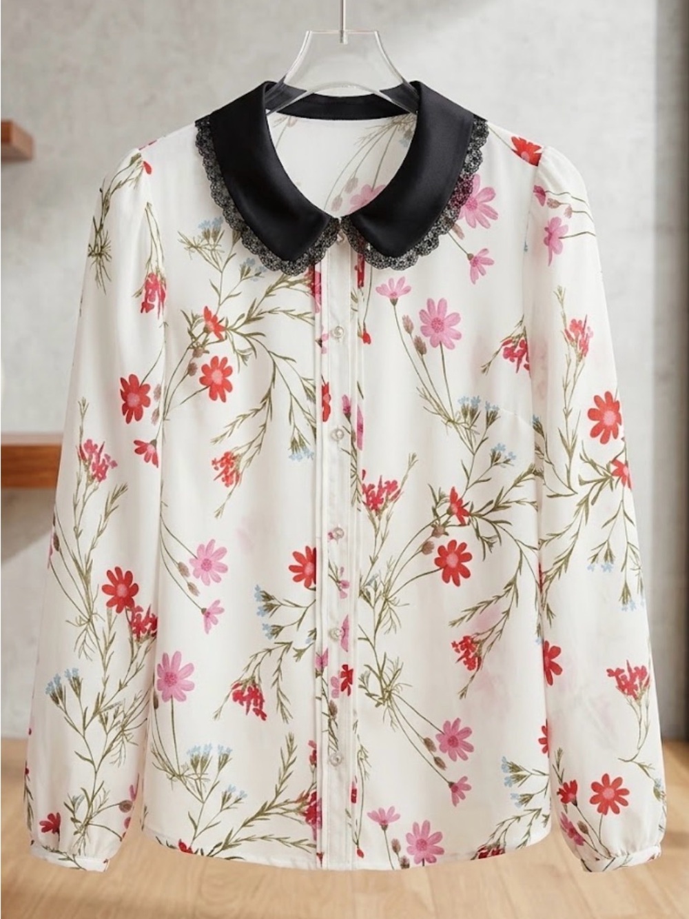 CeCe White Floral Button-Front Blouse with Black Peter Pan Collar